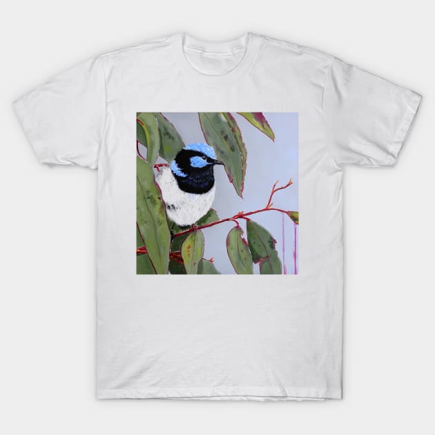 Blue Wren amongst the Gum Leaves T-Shirt by Krusty
